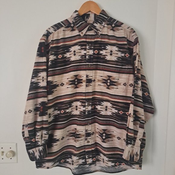 WOODS & WATER Outfitters Men's Co Tan Aztec Tribal Sothwestern Long Sleeve Sz Lg - Picture 1 of 7